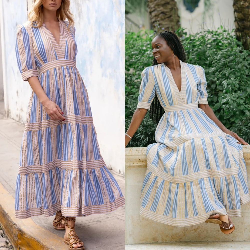 Oliphant Blue and Cream Striped Maxi Dress